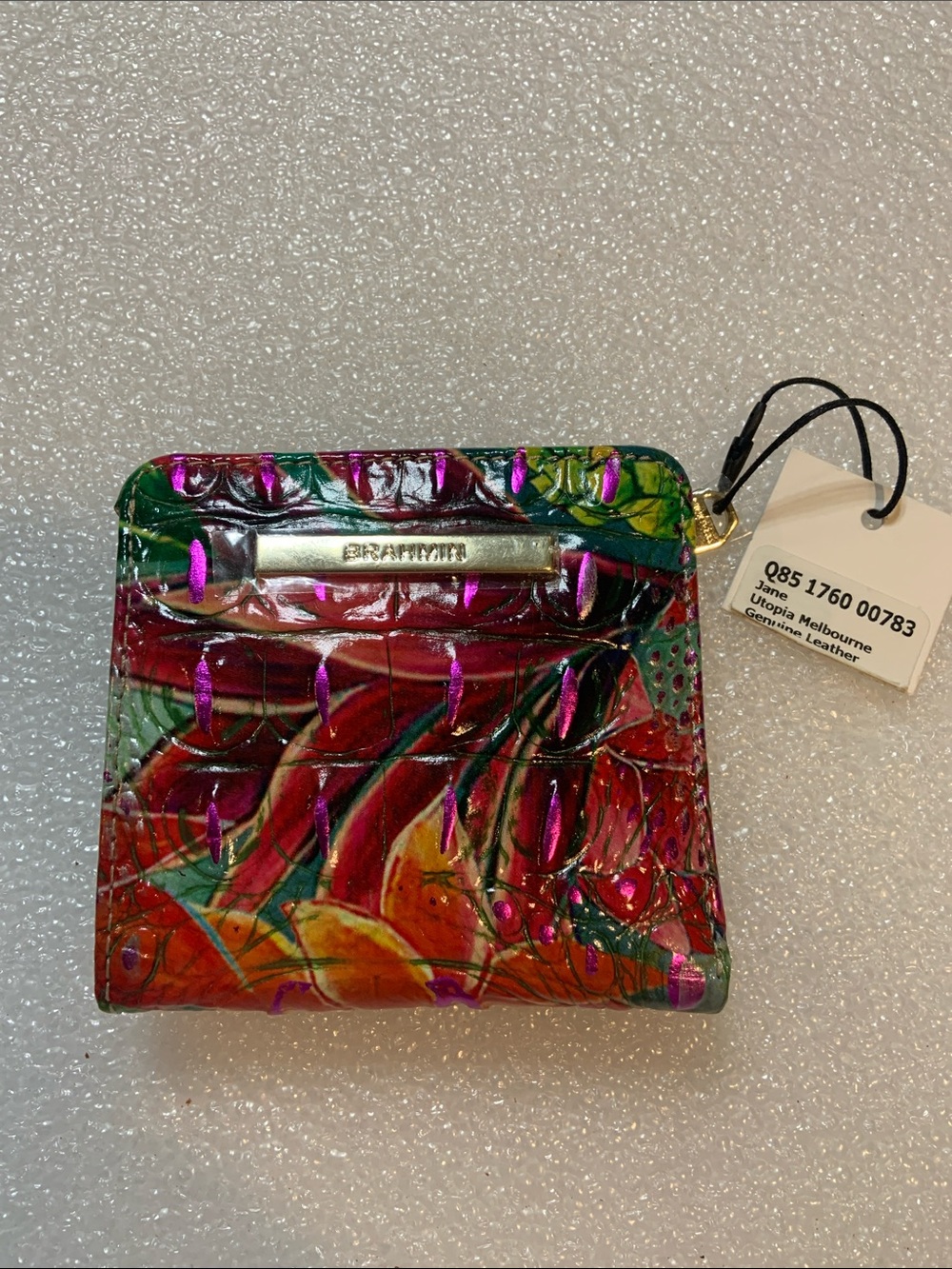 Brahmin Multicolor Floral Patent Leather Zip Wallet in Green, Pink, Red, Orange